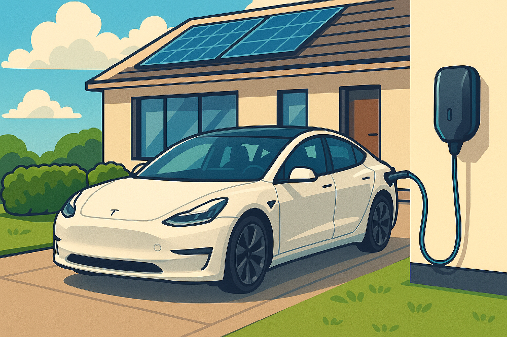 Illustration of an electric car charging at home.